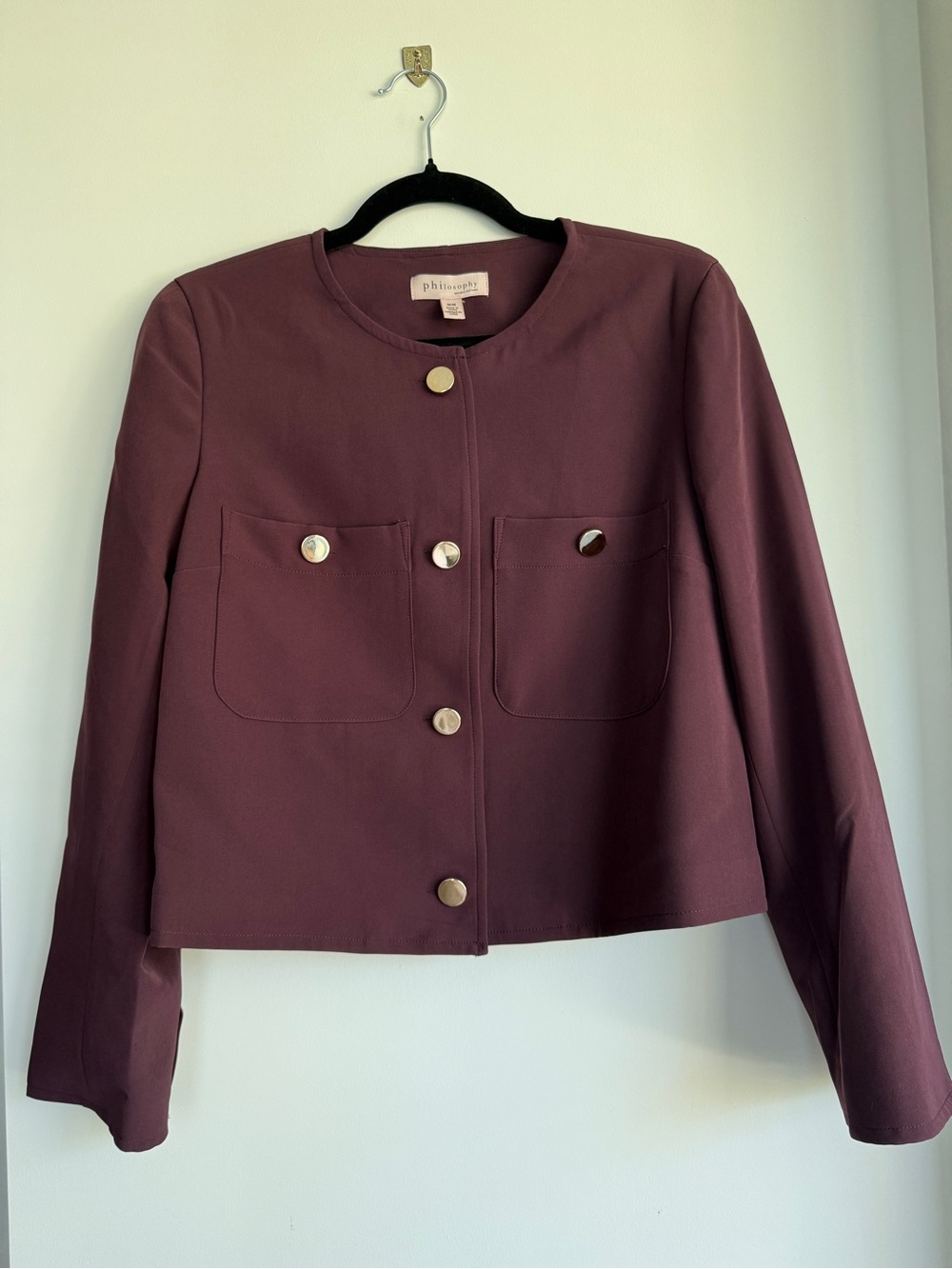 Philosophy Plum Collarless Button Jacket, NWOT, Size Medium